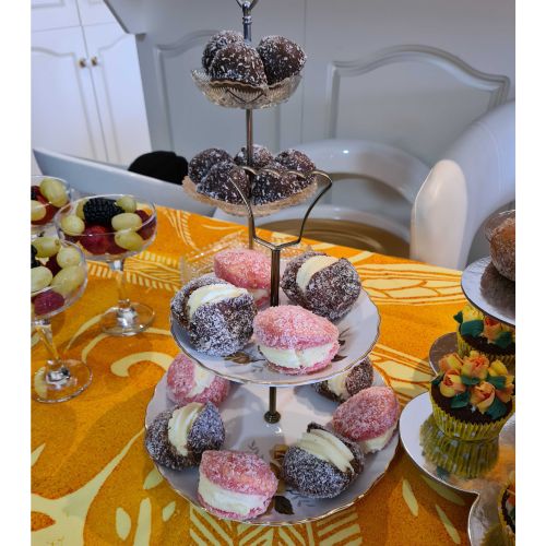 High tea sweets on cake stand